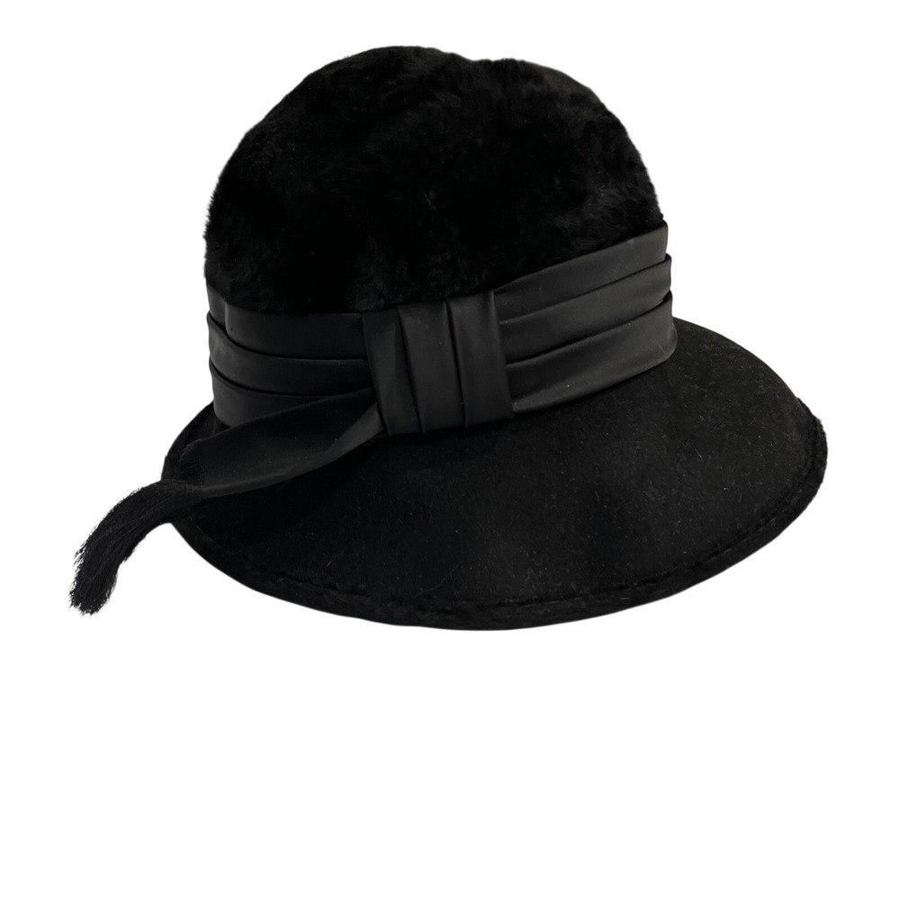 Vintage‎ Norman Durand Musketeer Hat Black Felt Size L Bucket Ribbon Fringe